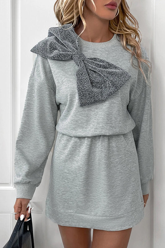 Vestido estilo sudadera de cintura alta con lazo y purpurina gris