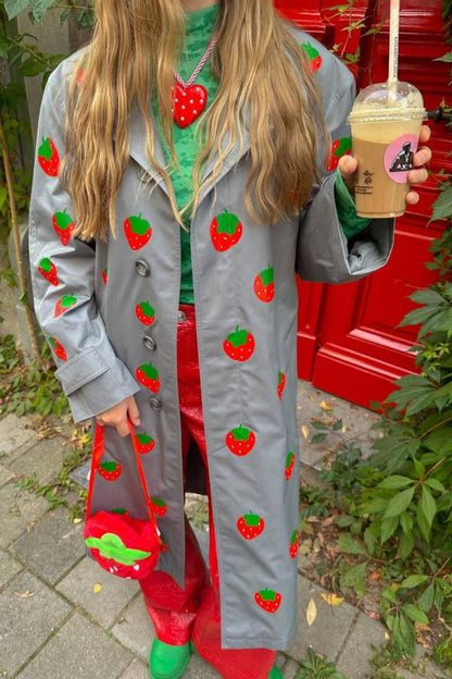 Abrigo largo con estampado de frutas de moda, gabardina color cereza 