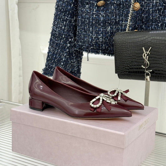 Jimmy Choo 26WF Pointed Toe Rhinestone Bow Chunky Heel Burgundy Sheepskin 573541
