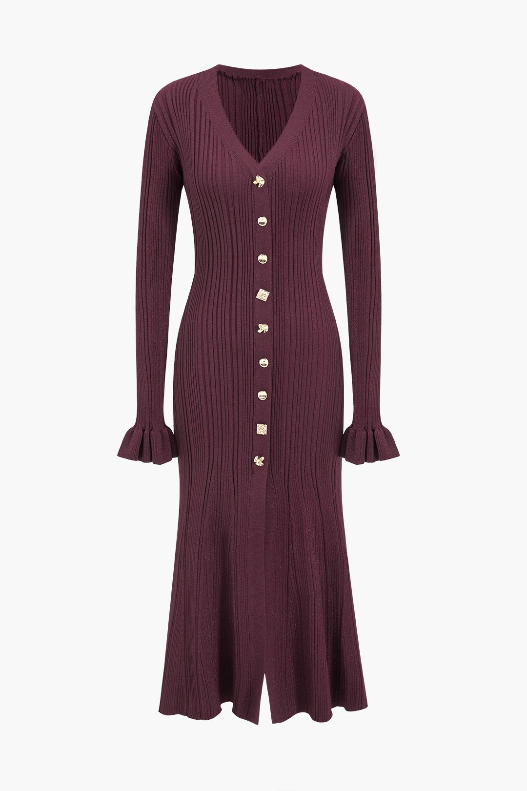 Vestido midi de punto con puños acampanados y escote en V Bernice 