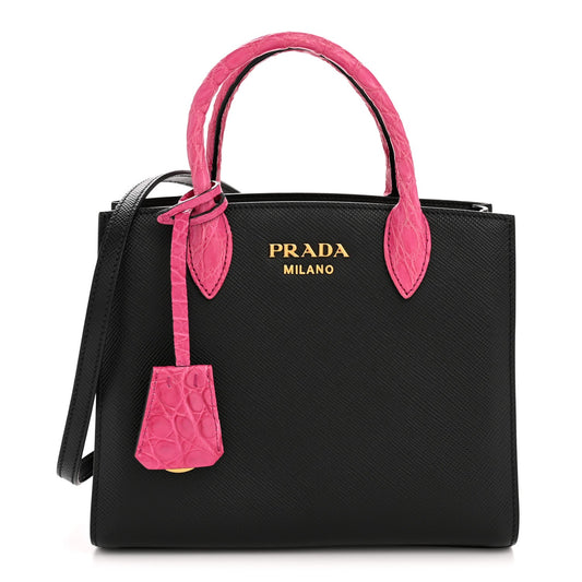 Saffiano Cuir Crocodile Mini Double Bag Black Magenta
