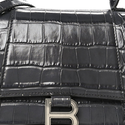 Shiny Calfskin Crocodile Embossed Small Hourglass Top Handle Bag Dark Grey