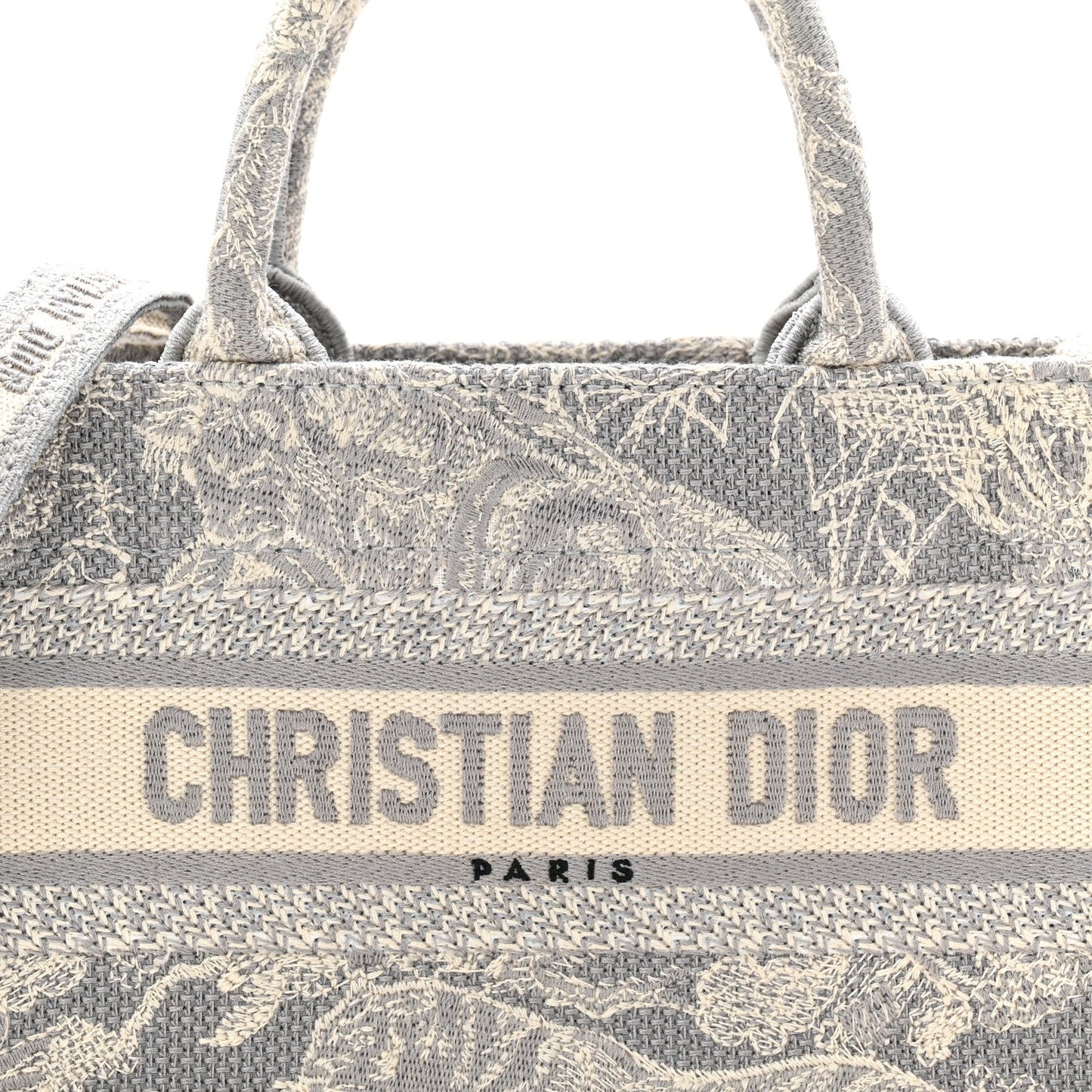 Canvas Embroidered Toile De Jouy Reverse Mini Book Tote With Strap Grey