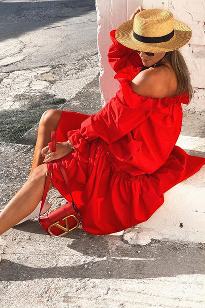 Vestido midi holgado con hombros descubiertos y volantes irregulares de Fionna