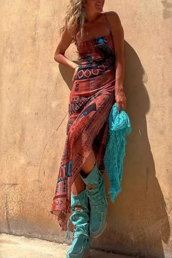 Vestido sexy de malla con tirantes y abertura elástica, estampado sin mangas