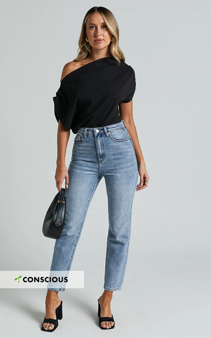 Billie Jeans - High Waisted Recycled Cotton Mom Denim Jeans in Mid Blue Wash