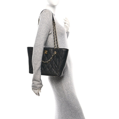 Caviar Quilted Small Trapezoid Chain Shopping Tote Black