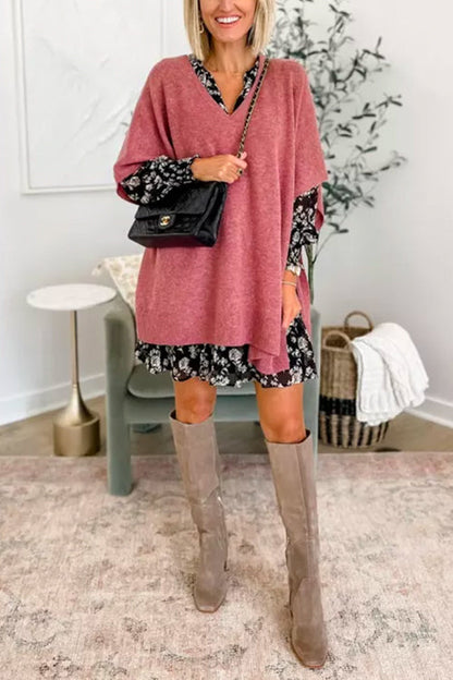 Suéter tipo poncho holgado de color liso con cuello en V más elegante