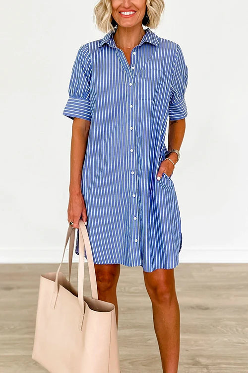 Vestido camisero a rayas de manga corta de plumón