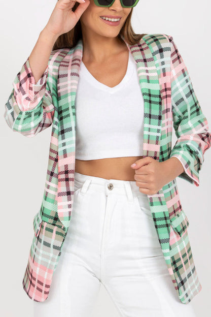 Blazer informal para mujer, chaqueta de traje de oficina con bolsillos y manga larga a cuadros de color y abertura frontal