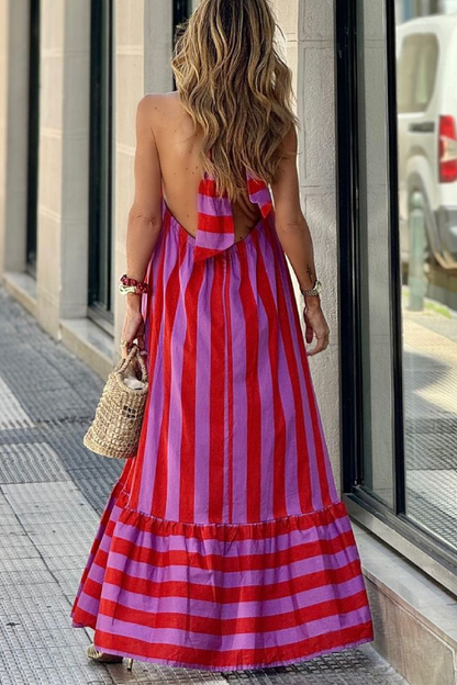 Vestido largo informal de rayas rojas, suelto, sin espalda