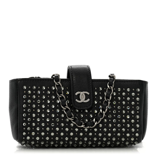 Calfskin Strass Studded Mini Phone Holder Clutch Black
