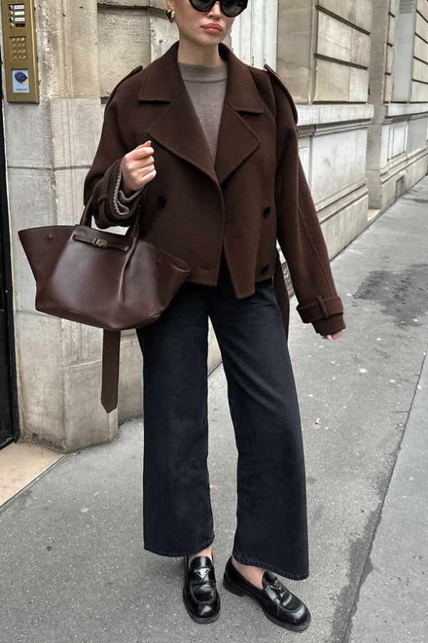 Chaqueta de lana de doble hilera con solapa y temperamento para mujer
