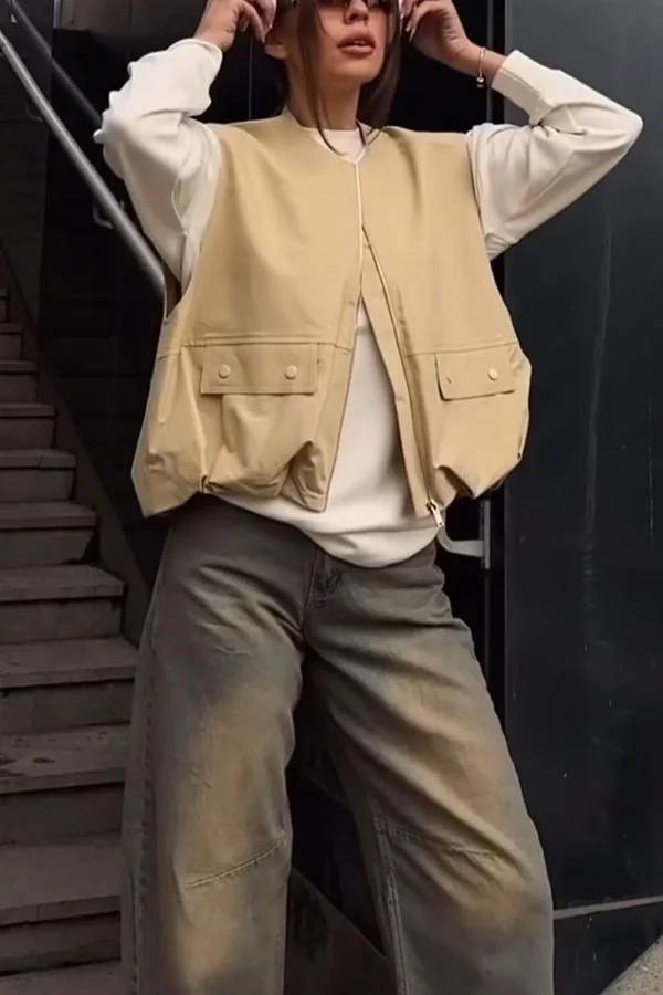 Chaleco informal holgado sin mangas con bolsillos a la moda