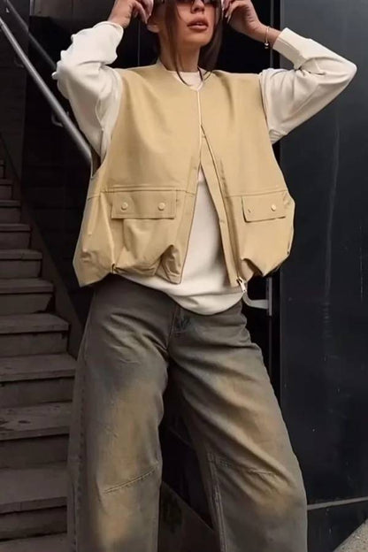 Chaleco informal holgado sin mangas con bolsillos a la moda