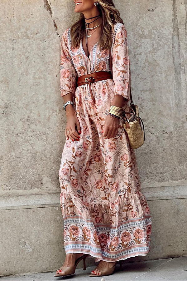 Vestido largo rosa sexy bohemio con flores, cuello en V y volantes 