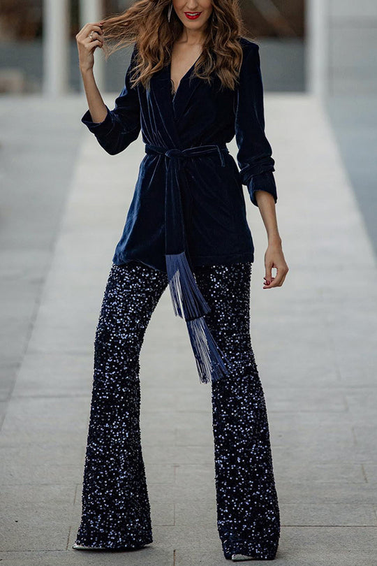 Pantalones acampanados de cintura elástica y tiro alto con lentejuelas de terciopelo Diva