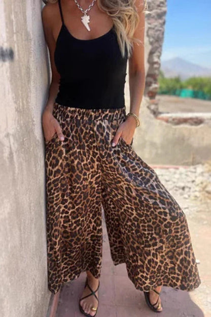 Pantalones anchos con bolsillo y cintura elástica con estampado de leopardo