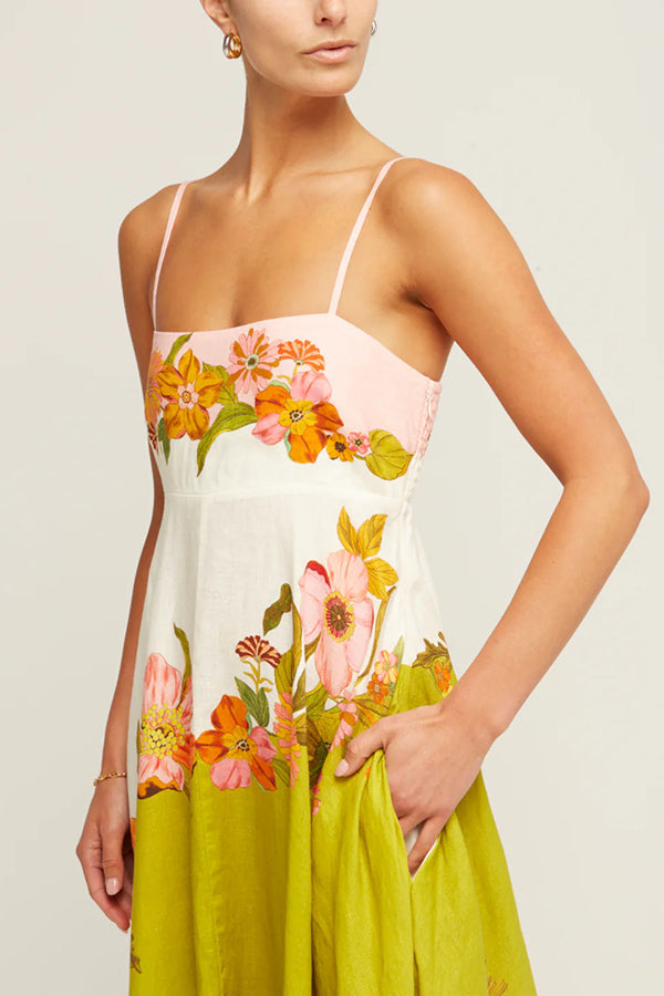 Vestido largo de mezcla de lino con estampado floral en contraste y bolsillos fruncidos en la espalda