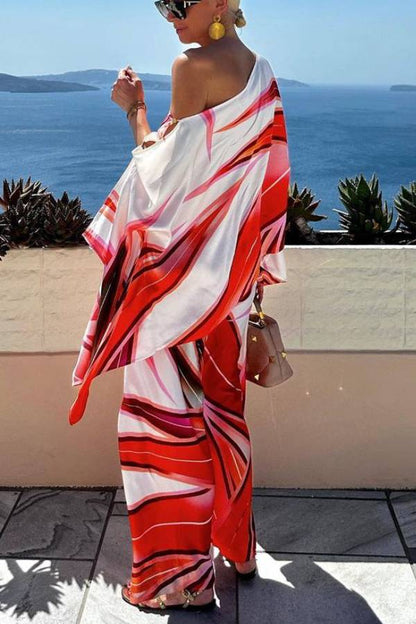 Conjunto de top de un hombro con mangas holgadas con abertura y pantalón con cintura elástica de satén estampado Island Girl