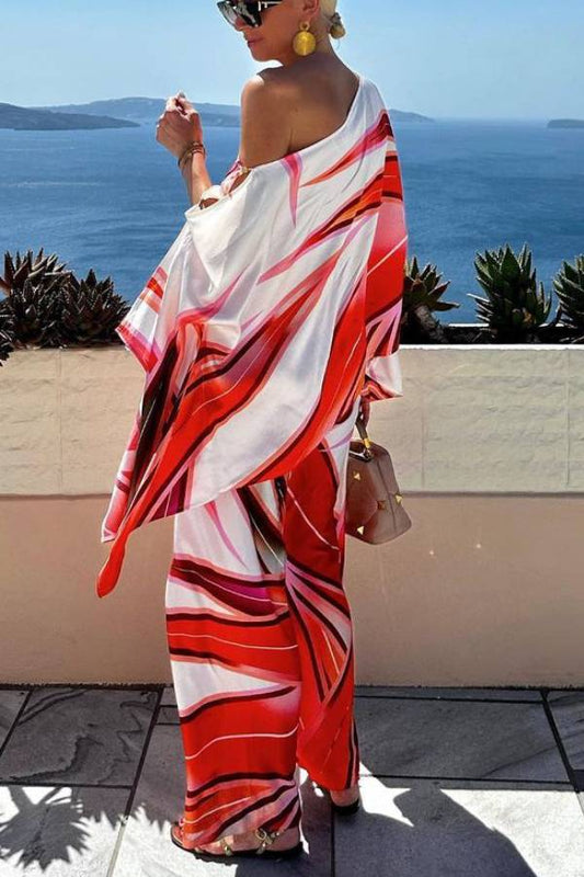 Conjunto de top de un hombro con mangas holgadas con abertura y pantalón con cintura elástica de satén estampado Island Girl
