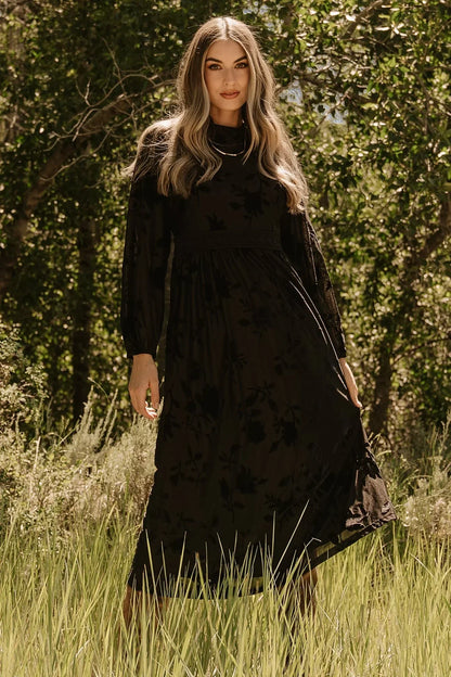 Christine Velvet Embossed Midi Dress | Black