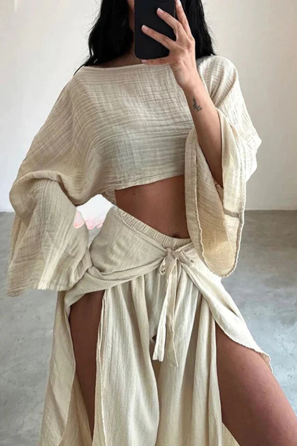 Conjunto de top corto de mezcla de lino y pantalón con volantes y cintura elástica, ideal para vacaciones