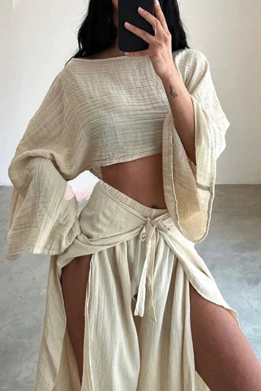 Conjunto de top corto de mezcla de lino y pantalón con volantes y cintura elástica, ideal para vacaciones