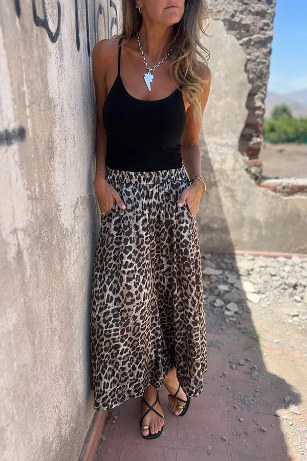 Pantalones anchos con bolsillo y cintura elástica con estampado de leopardo