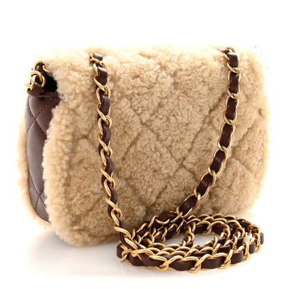 Shearling Lambskin Quilted Mini Furry Coco Flap Beige Dark Brown