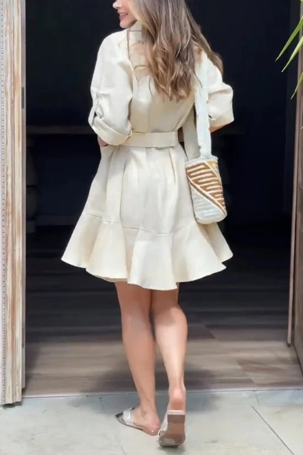 Vestido mini holgado con volantes, bolsillo y solapa, informal, de color liso