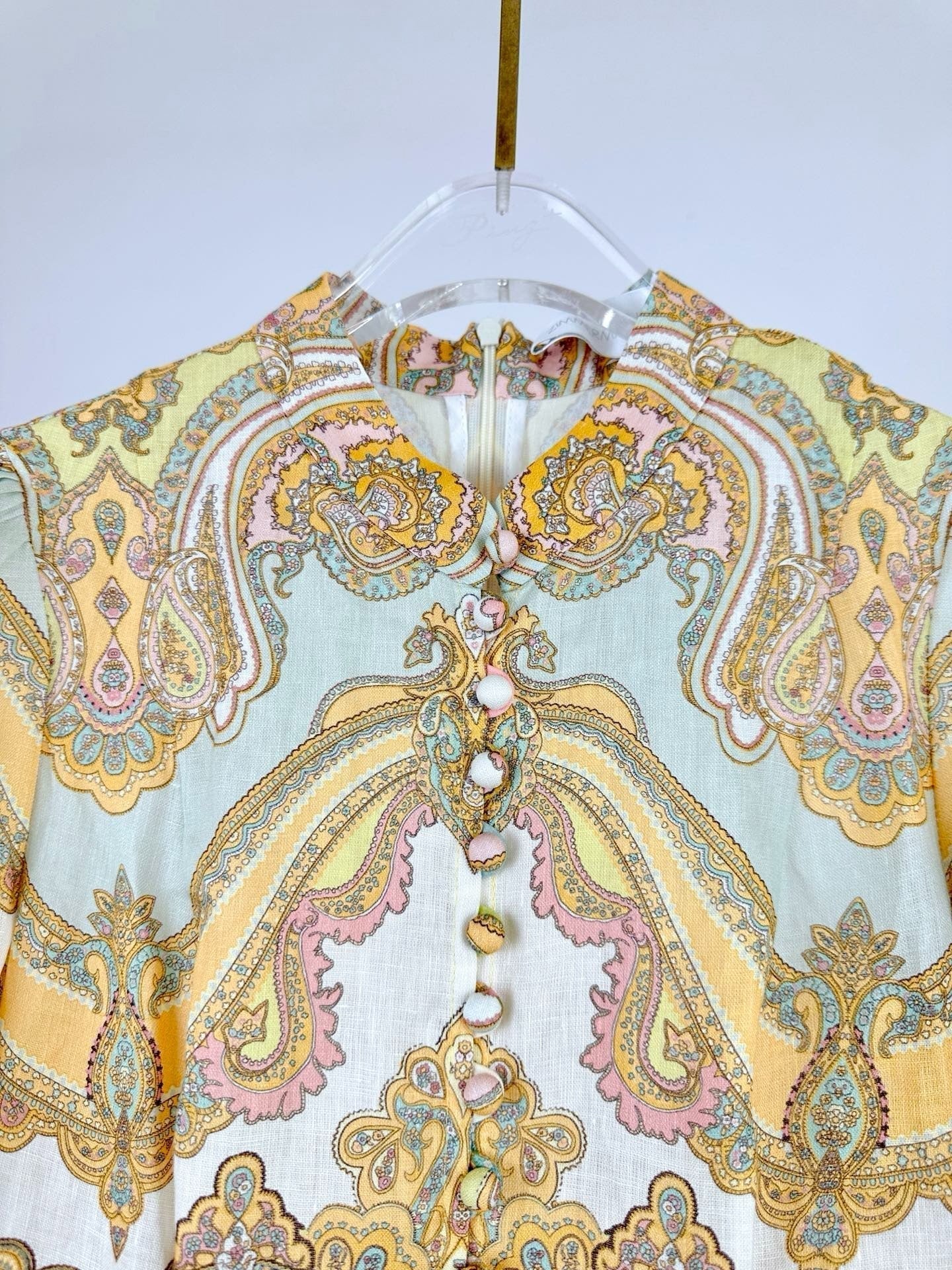 HIGH-NECK LONG-SLEEVE PRINTED DRESS IN PURPLE AND YELLOW