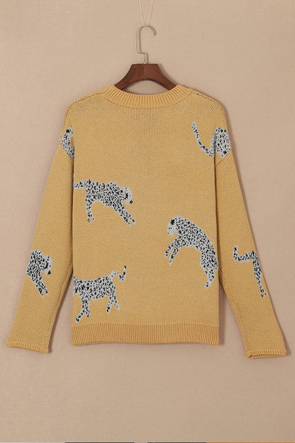 Suéter de punto con hombros caídos y estampado animal color camello