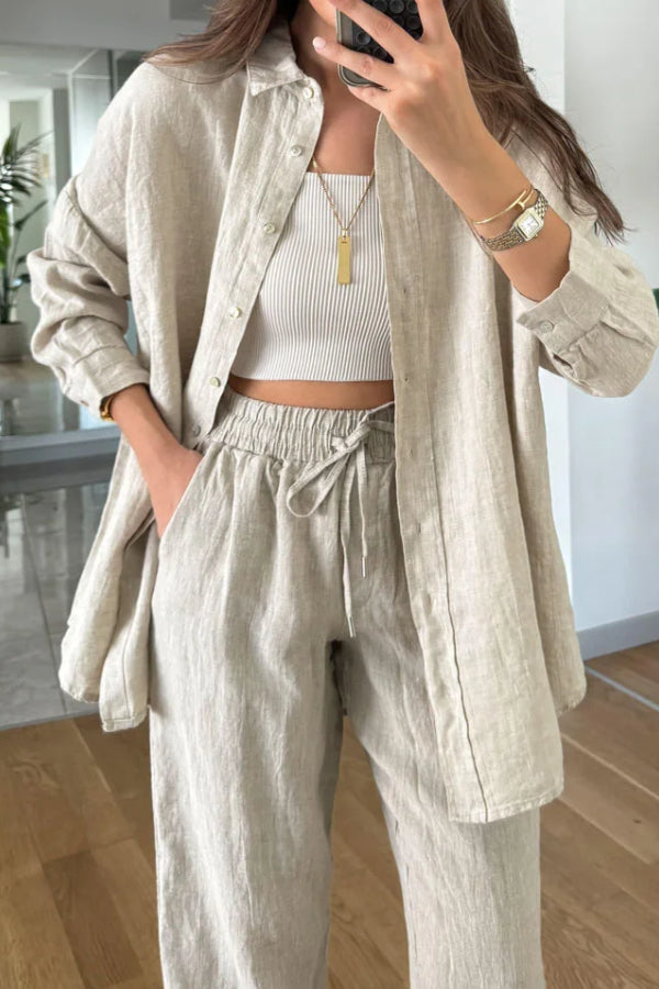 Conjunto de dos piezas de camisa y pantalón corto casual de lino y algodón