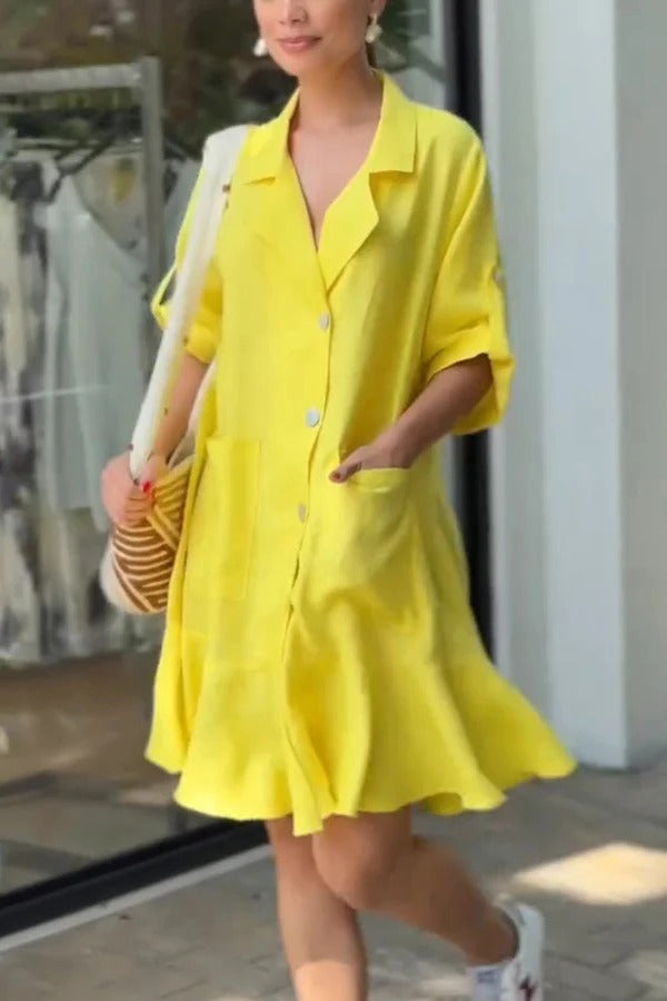 Vestido mini holgado con volantes, bolsillo y solapa, informal, de color liso