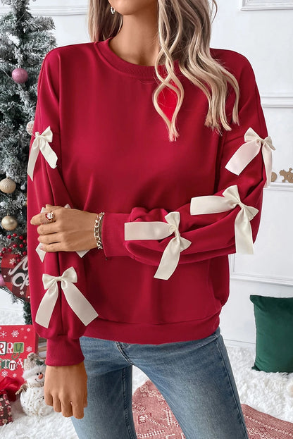 Sudadera de cuello redondo con lazo dulce en rojo intenso