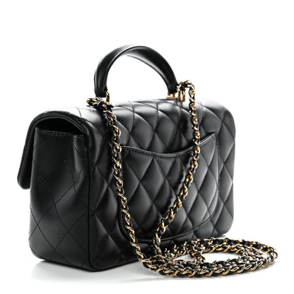 Lambskin Quilted Mini Top Handle Rectangular Flap Black