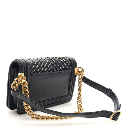 Calfskin Chevron Embroidered Boy By The Sea Flap Waist Belt Bag Black