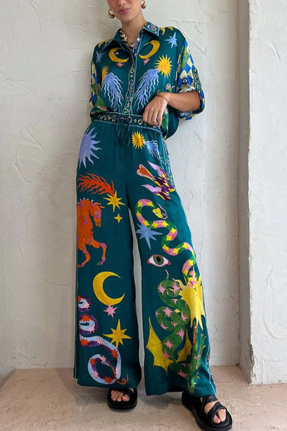 Pantalones Pierson de mezcla de lino con estampado único, cintura elástica, bolsillos y pierna ancha