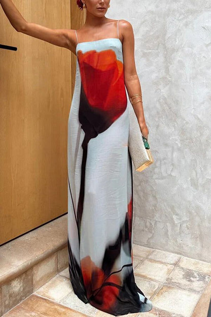 Vestido largo de vacaciones con corte en H y estampado abstracto de tulipanes de temporada