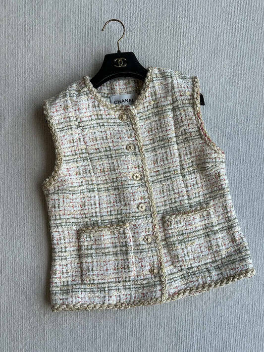 CC 25A Classic Round Collar Vest Jacket In Light Orange Pink Tweed 277181
