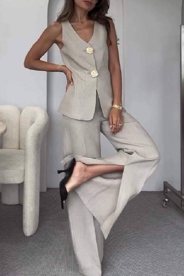 Conjunto de dos piezas de chaleco y pantalón de traje elegante de color liso sin mangas