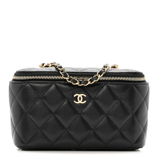 Caviar Quilted Small Vanity Case With Chain Black