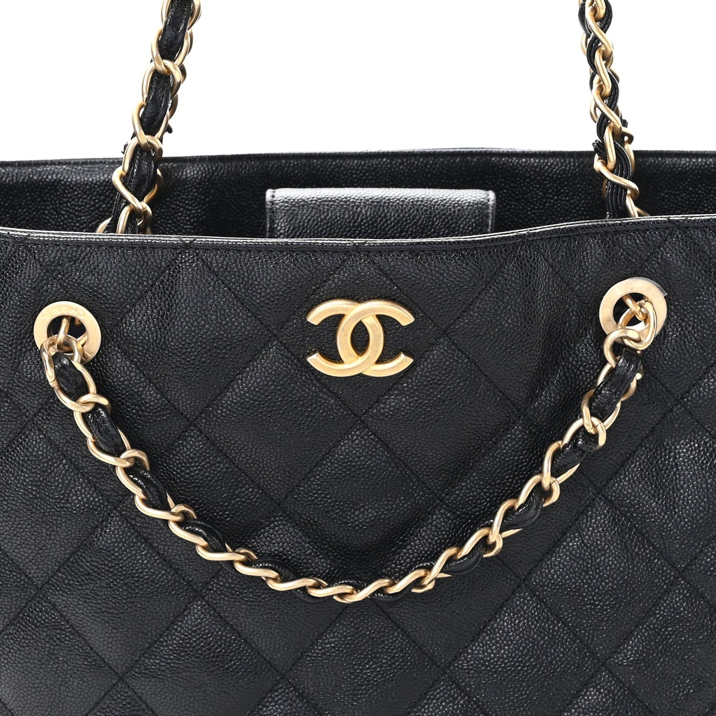 Caviar Quilted Small Trapezoid Chain Shopping Tote Black