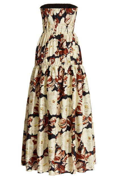 Vestido midi sin mangas con volantes florales 