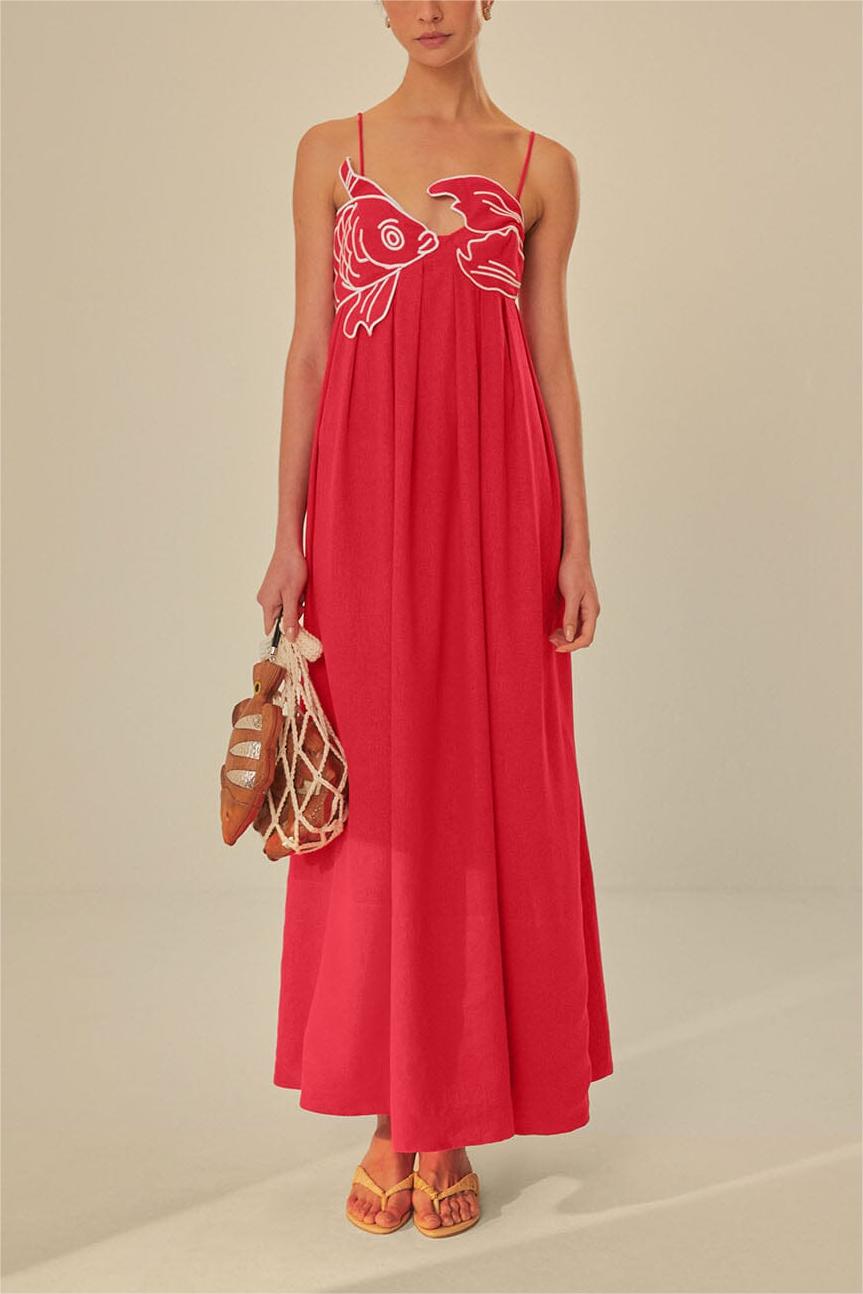 Vestido largo lencero con espalda descubierta y bordado 