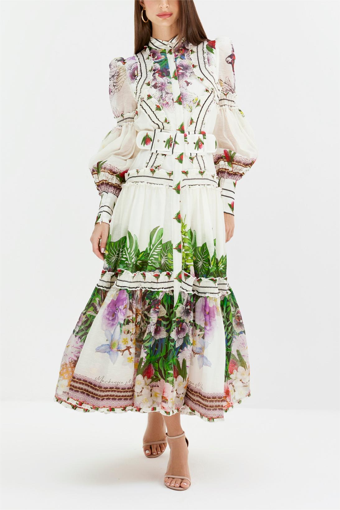 Vestido midi con mangas farol y cinturón floral 