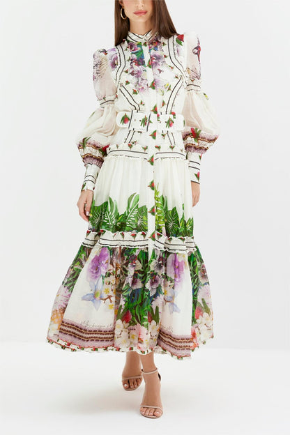 Vestido midi con mangas farol y cinturón floral 