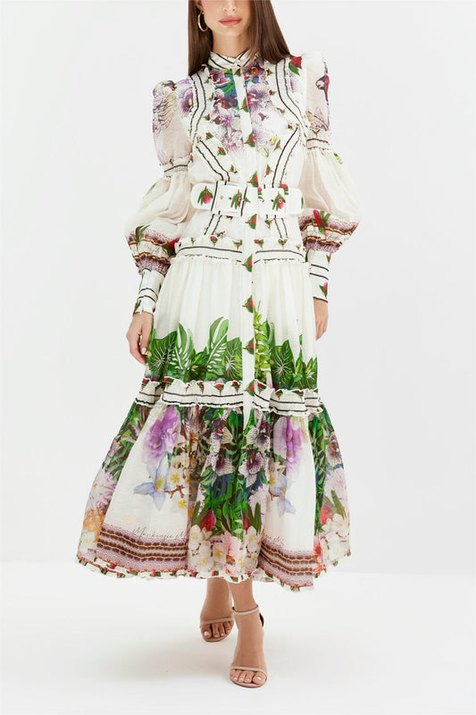 Floral Lantern Sleeve Midi Dress With Belt