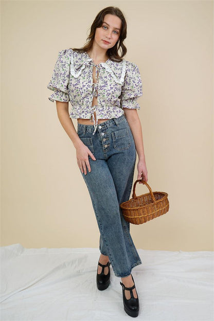 Blusa con cuello de muñeca y mangas abullonadas con estampado floral 